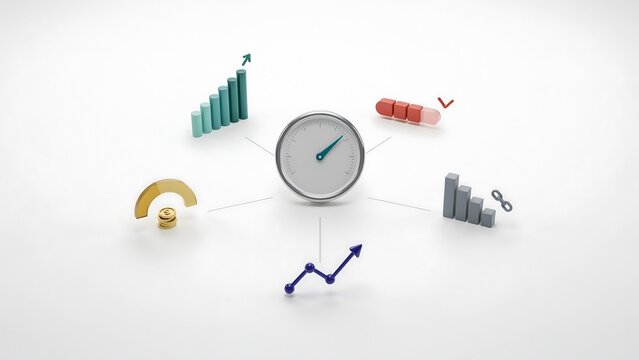 A central gauge surrounded by various financial charts, growth arrows, and representing business data analysis on white background.