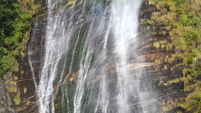 Powerful Central Cascade of Birthi Waterfall With Fine Streams on Mossy Cliff Near Munsiyari