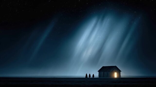 A solitary, dimly lit cabin stands as a beacon of hope in the darkness, with ethereal shafts of moonlight piercing the night sky. ..Created with Generative AI, not depicting real subjects.