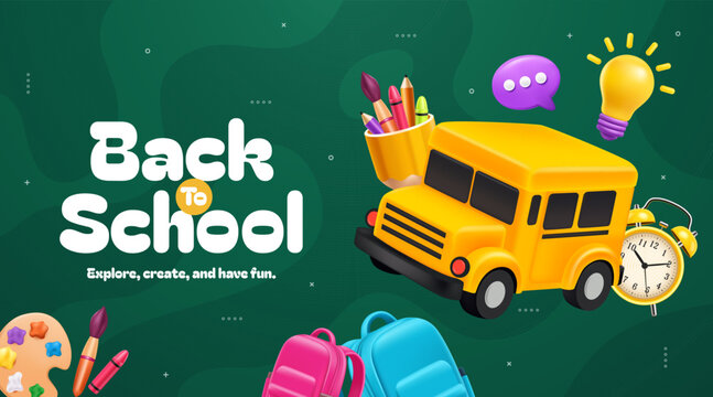 Back to School Theme with School Bus and Supplies 3D Illustration