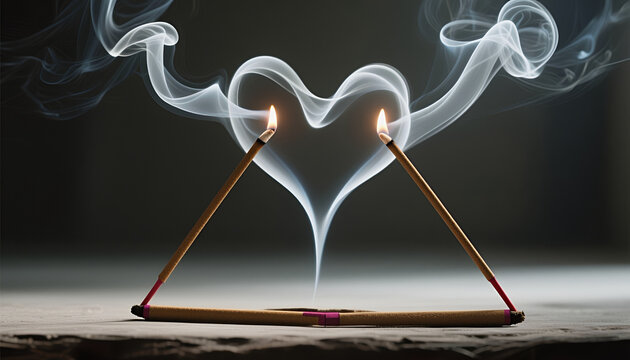 Incense sticks creating a heart shape with aromatic smoke  