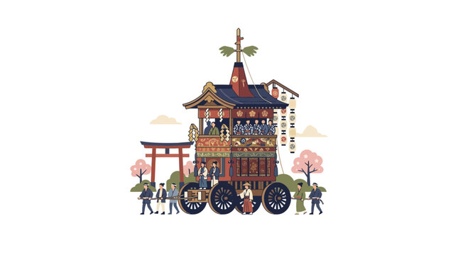 Festival float with people near a torii gate