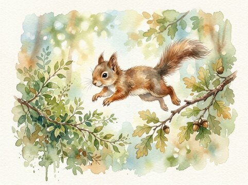 An agile red squirrel leaps between oak branches laden with acorns amidst a soft, impressionistic forest background.