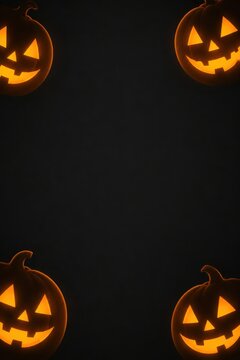 Dark Halloween Frame with Glowing Jack O Lantern Corners and Copy Space