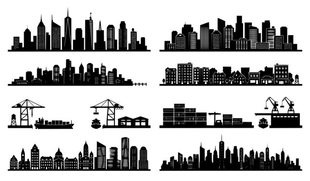 Modern City Skyline and Cargo Port Silhouette Collection Flat Vector EPS10