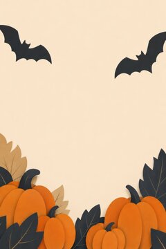 Minimal Halloween Border with Autumn Pumpkins Leaves and Bats Copy Space