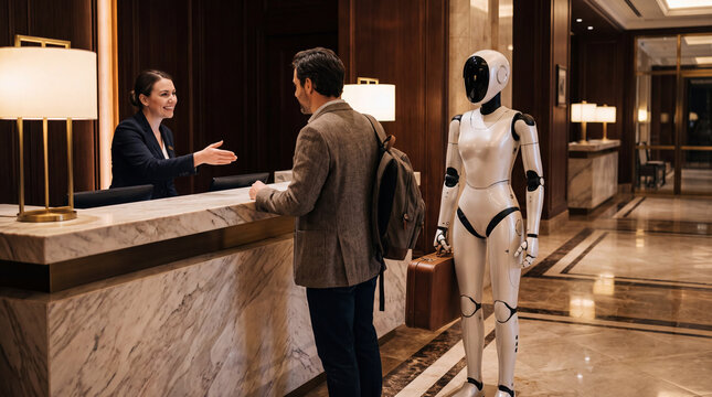 Robot Assistant at Hotel Reception: A modern hotel reception area where a human receptionist assists a guest while a sophisticated robot stands by, ready to offer advanced service.