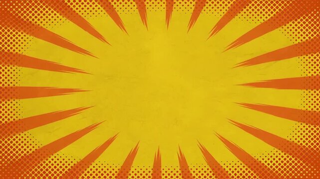 Yellow abstract retro pattern background with orange sunburst, halftone dots, bright comic burst texture, abstract retro pattern yellow orange comic background with copy space