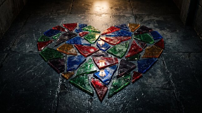 Colorful glass heart mosaic on dark stone floor in a dimly lit space  