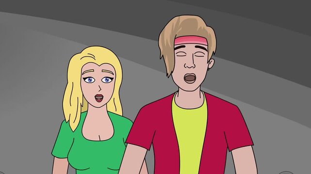 2D animation of a blonde woman and a young man standing in an elevator looking shocked and surprised elevator reaction