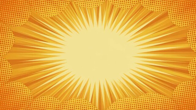 Abstract retro pattern sunburst orange yellow comic background texture, yellow sunburst comic background with blank center for text bright orange pop art frame dotted halftone pattern and radial rays