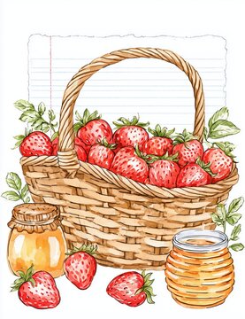 A watercolor illustration featuring a Writing paper with a picnic basket and strawberries, honey jars. 
