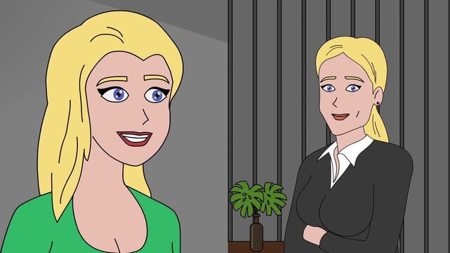 2D animation of a blonde woman chatting with a businesswoman in a corporate suit office interview discussion