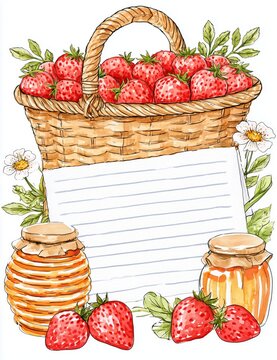 A watercolor illustration featuring a Writing paper with a picnic basket and strawberries, honey jars. 
