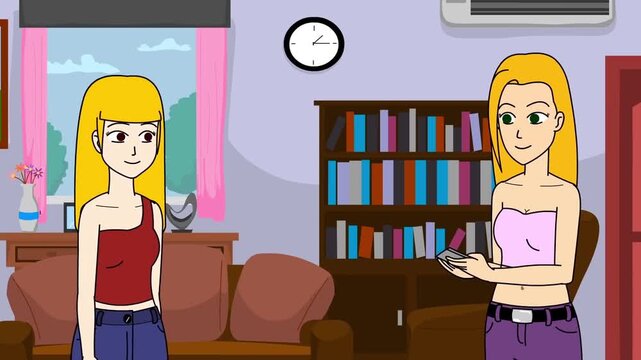 2D animation of two blonde women standing and chatting in a living room with bookshelf indoor home dialogue