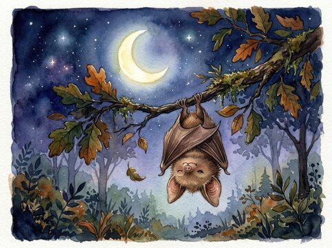 A small bat hangs upside down from a tree branch at night with a crescent moon and stars visible in the dark sky.