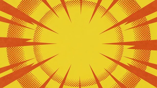 Abstract retro pattern yellow orange halftone burst background with central copy space, sharp radial line rays, dotted circle texture, and dynamic comic style design for SEO friendly graphic use