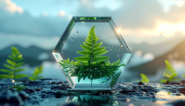 Fresh green fern leaf encased in hexagonal glass prism on wet ground with mountain sunrise, concept of bio-preservation and ecology
