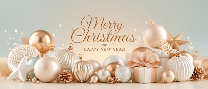 Elegant luxury Merry Christmas and Happy New Year greeting banner background with rose gold ornaments, gift box, and soft glowing bokeh.