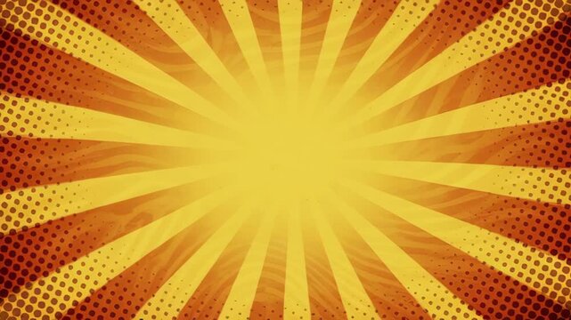 Abstract retro pattern sunburst background with bright yellow rays and orange dot texture for warm energetic design, yellow abstract retro pattern with sunburst rays and dot texture, bright comic