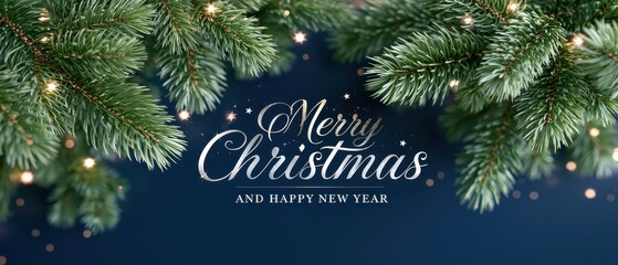 Obraz premium Elegant silver Merry Christmas and Happy New Year typography on dark navy blue background with pine branches and glowing fairy lights.