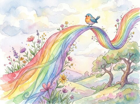 A small bird sits on a vibrant rainbow arching over a rolling landscape with flowers and trees under a cloudy sky.