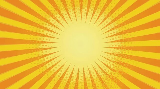Abstract retro pattern, yellow sunburst background with orange rays and dotted texture, bright warm center, sunburst abstract retro pattern with bright yellow orange rays and halftone texture
