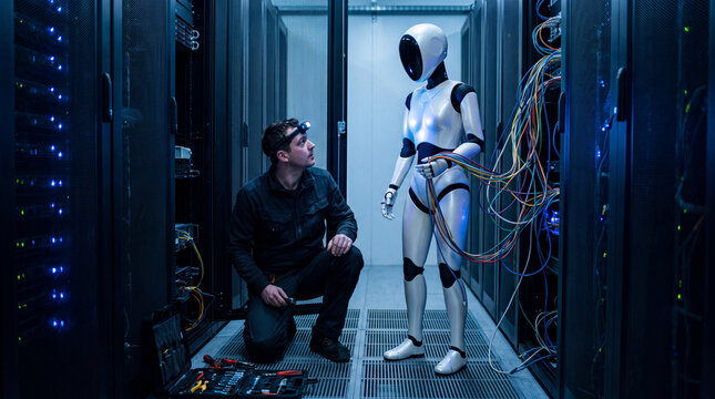 Technological Partnership: A technician collaborates with an advanced humanoid robot amidst rows of server racks in a data center.