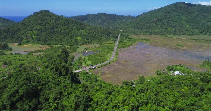Straight road cuts across rice fields toward tropical hills with irrigation channels ponds and village roofs as the drone moves laterally above the plain showing geometric plots and wet soil