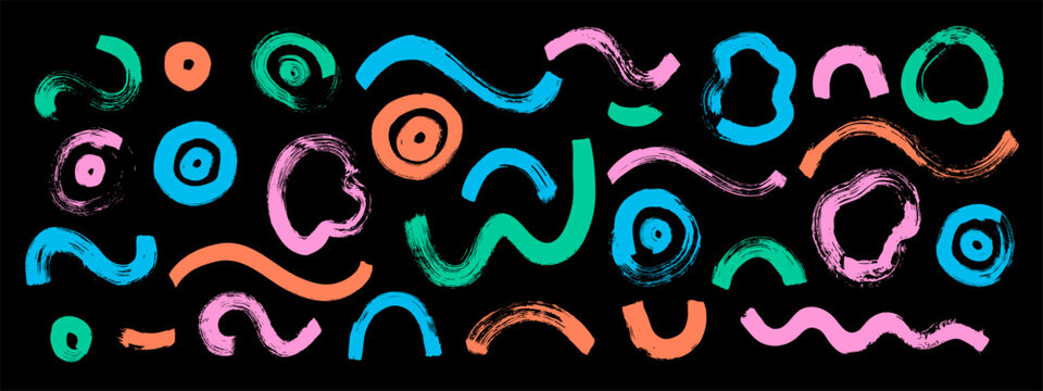 Grunge rainbow shapes. Brush arc collection. Simple ink strokes. Curved lines, geometric figures set. Vector isolated illustration.