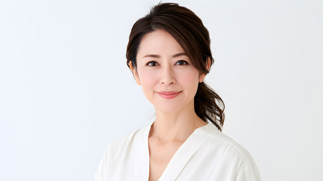 透明感のある肌で微笑むミドルシニアの日本人女性。エイジングケアやウェルビーイング、化粧品広告に最適なナチュラルな上半身写真。