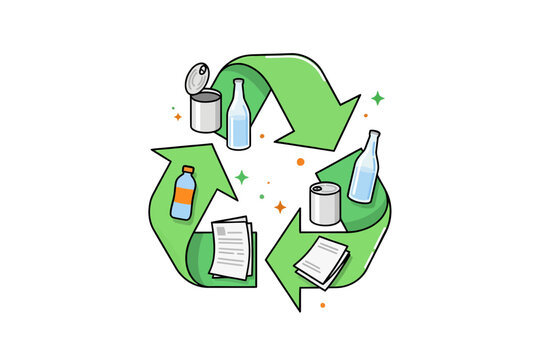 Recycling symbol with various recyclable items illustration design