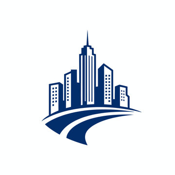 Modern city skyline illustration with curved base design elements