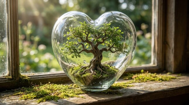 Decorative Heart-Shaped Glass Dome Enclosing a Miniature Tree on Windowsill