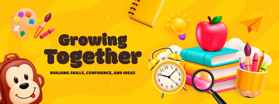 Growing Together Education Banner with Colorful School Supplies