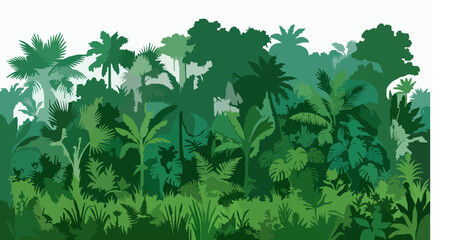 Dense tropical rainforest meadow green jungle vegetation silhouette vector illustration isolated on white © Raisul