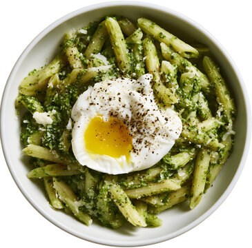 Pasta dish in a pesto sauce with a poached egg, PNG image with a transparent background.