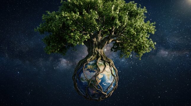 Surreal Tree Growing from a Globe in Space with Starry Background