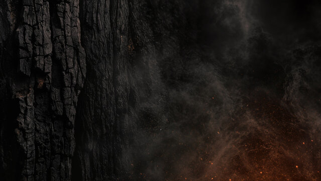 Charred wood displays a rough texture with smoke rising into the air. Dark tones highlight the glowing embers below. This captures the effects of fire on wood