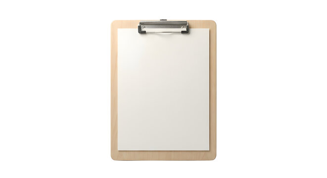 Wooden clipboard with blank white paper sheet template