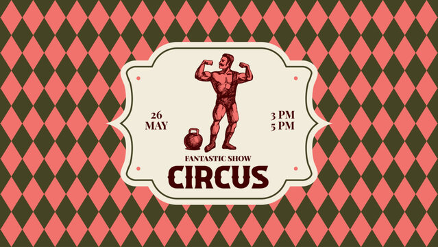 Hand drawn circus show poster. Retro rhombus background. Vintage sketch diamond pattern, vector illustration. Carnival and amusement background