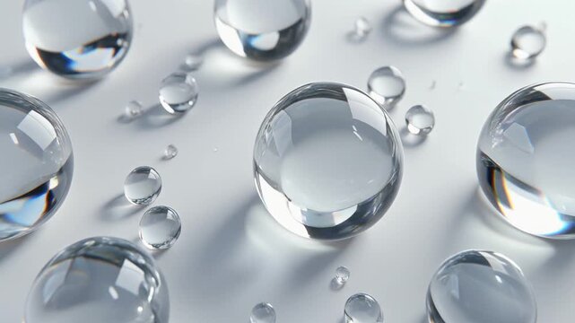 Abstract background with clear water droplets on a smooth white surface.