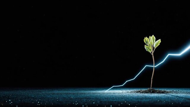 A small plant grows from a patch of earth, its stem interwoven with a glowing blue line representing a growth chart, against a dark. ..Created with Generative AI, not depicting real subjects.