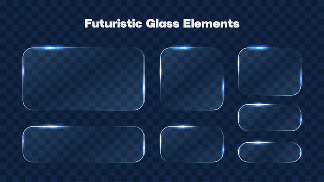 Glass neon effect frames with shining edges and highlights. Blue geometric square and rectangle shapes. Website and user interface UI UX design. Vector illustration on transparent background
