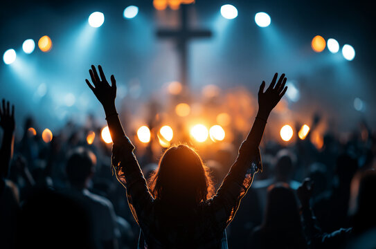 people raising their hands in worship at a church, with a cross on the stage background	
