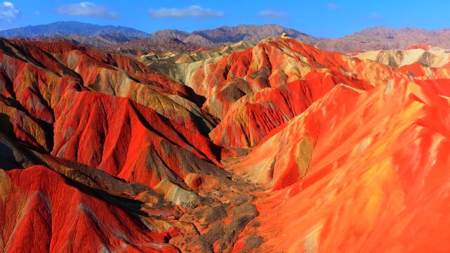 Stunning vivid layered rock formations of Zhangye Danxia Geopark, bright multicolored mountain landscape on sunny day
Breathtaking natural scenery, colorful stratified sandstone hills