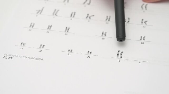 Doctor pointing at a 46 XX human chromosome formula chart in a genetic laboratory