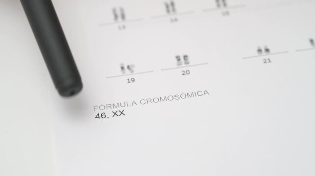 Close up of pen pointing at normal female 46 XX karyotype result on report