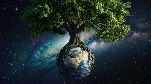 Majestic Tree with Roots Extending to Earth and Galaxy Backdrop in Space