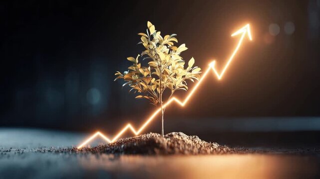 A young sapling sprouts from fertile soil, its growth symbolically represented by a luminous ascending line graph. ..Created with Generative AI, not depicting real subjects.